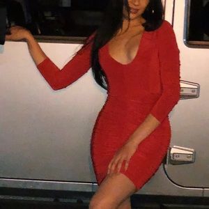 V Cut Ruched Red Dress